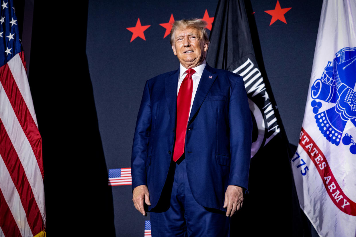 Image: Former President Donald Trump on stage before delivering remarks at Windham High School on Aug. 8, 2023 in Windham, N.H. (Scott Eisen / Getty Images)