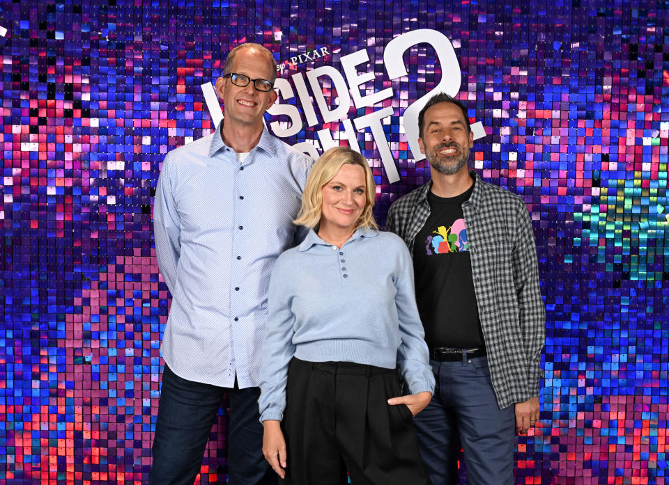 Pete Docter, Amy Poehler and Kelsey Mann attend a Q&A for Inside Out 2