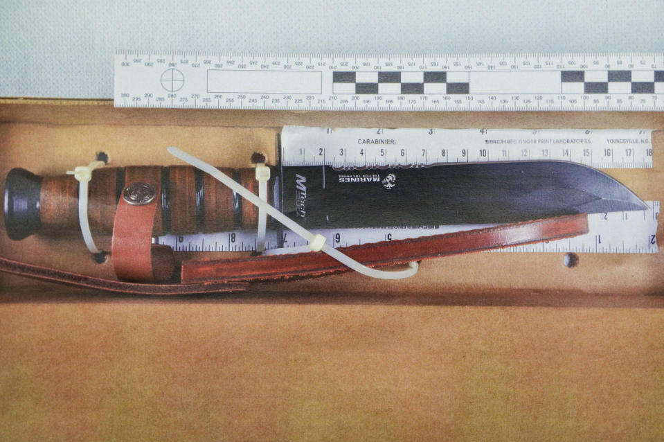This picture released by Italian Carabinieri during a press conference in Rome, Tuesday, July 30, 2019, shows the knife used to stab Carabinieri's officer Mario Cerciello Rega early Friday. Two American teenagers were jailed in Rome on Saturday as authorities investigate their alleged roles in the fatal stabbing of the Italian police officer on a street near their hotel. (AP Photo/Andrew Medichini)