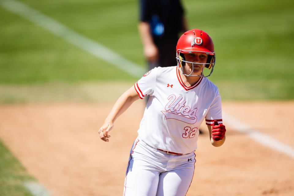 Utah catcher Kendall Lundberg (32) runs during an NCAA softball game between Utah and UCLA at Dumke Family Softball Stadium in Salt Lake City on April 29, 2023. | Ryan Sun, Deseret News