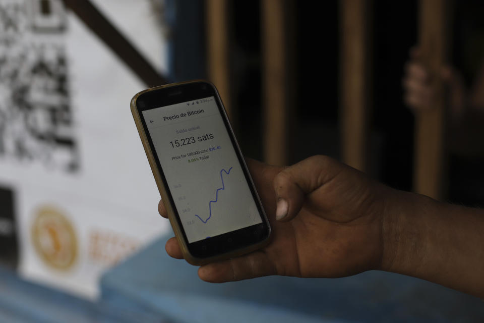 A worker at Hope House, an organization that sponsors the use of cryptocurrencies in El Zonte beach, makes a purchase at a small store that accepts Bitcoin, in Tamanique, El Salvador, Wednesday, June 9, 2021. El Salvador's Legislative Assembly has approved legislation making the cryptocurrency Bitcoin legal tender in the country, the first nation to do so, just days after President Nayib Bukele made the proposal at a Bitcoin conference. (AP Photo/Salvador Melendez)