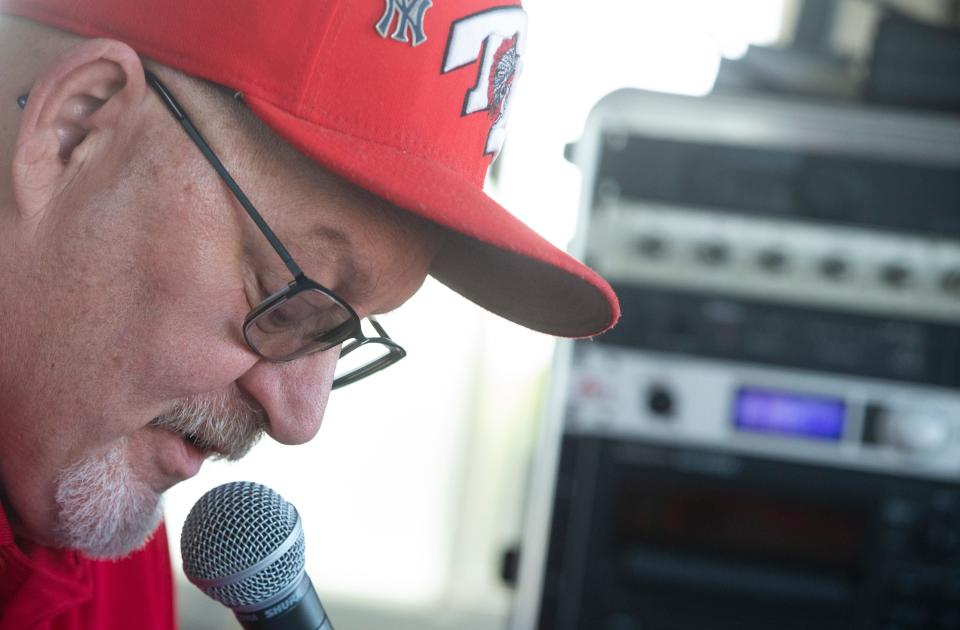 Butch Kramer announces in the press box during the IHSAA baseball game between the Benton Central Bison and the Twin Lakes, Wednesday, May 1, 2024, at Twin Lakes High School in Monticello, Ind. Twin Lakes won 7-5.