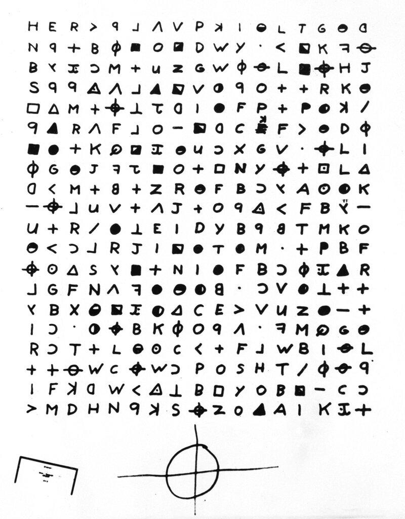 This is a copy of a cryptogram sent to the San Francisco Chronicle, Nov. 11, 1969. by the Zodiac Killer. - Credit: AP