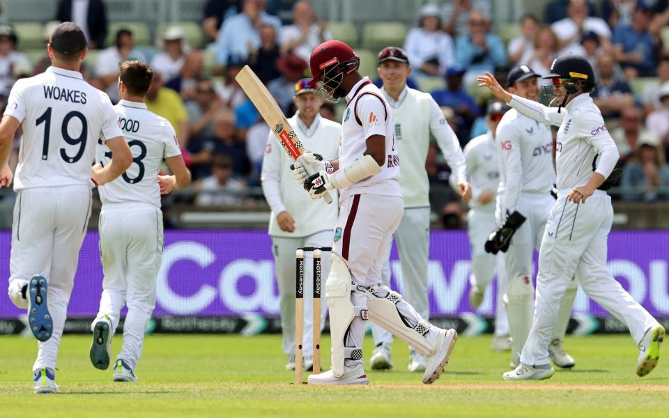 Kraigg Brathwaite of the West Indies looks dejected afte edging the ball off a Mark Wood delivery and is caught behind by Jamie Smith during day one of the 3rd Test Match between England and the West Indies at Edgbaston on July 26, 2024 in Birmingham, England