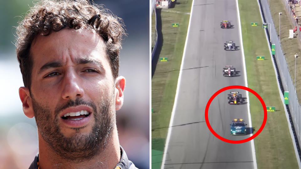 Daniel Ricciardo is pictured left, and Max Verstappen leading the Italian GP behind the safety car on the right.