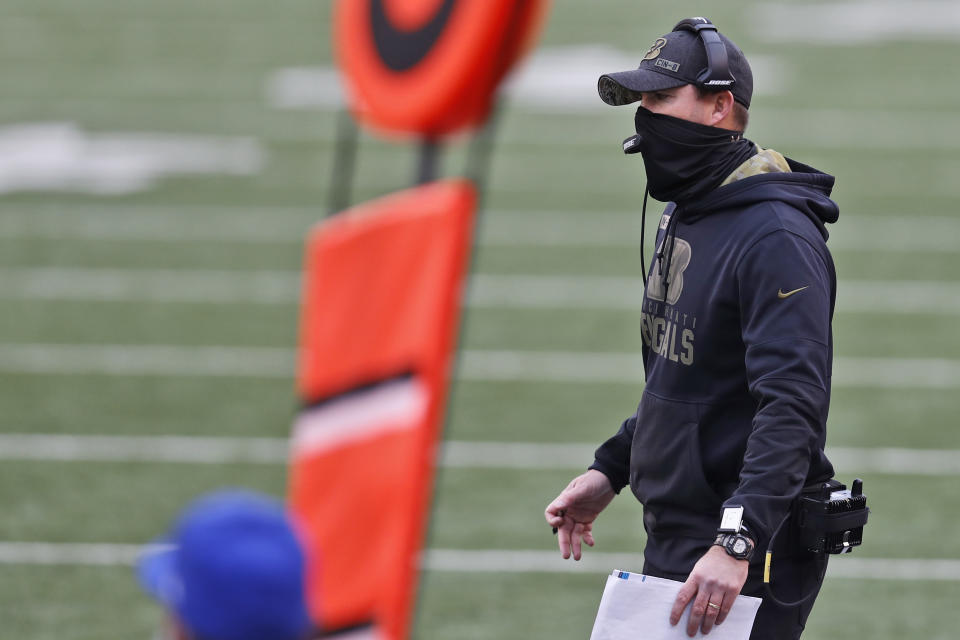 Cincinnati Bengals head coach Zac Taylor watches the second half of an NFL football game against the New York Giants, Sunday, Nov. 29, 2020, in Cincinnati. (AP Photo/Aaron Doster)