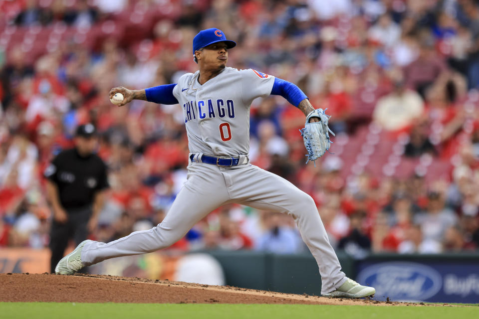 Chicago Cubs' Marcus Stroman throws during the first inning of a baseball game against the Cincinnati Reds in Cincinnati, Tuesday, May 24, 2022. (AP Photo/Aaron Doster)