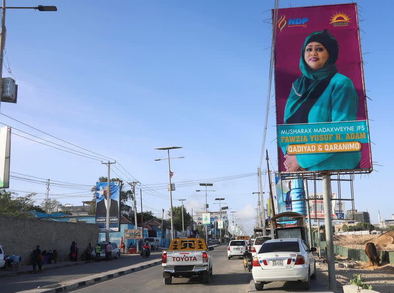 An election banner of Somali presidential candidate Fawzia Yusuf Adam is seen in Mogadishu
