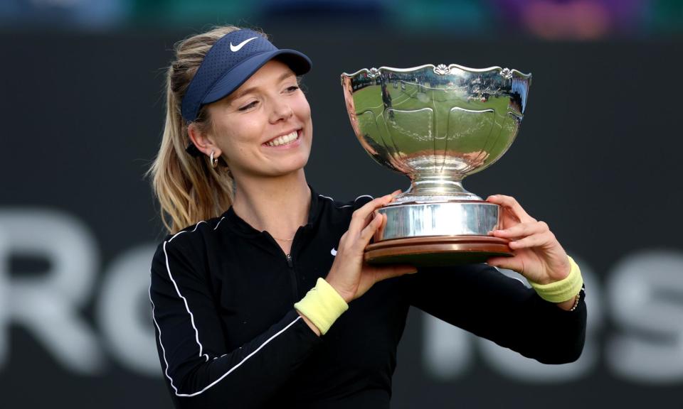 <span>Katie Boulter holds the Nottingham Open trophy after her win over Karolina Pliskova.</span><span>Photograph: Nathan Stirk/Getty Images for LTA</span>