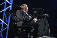 LONDON, ENGLAND - AUGUST 29: Professor Stephen Hawking speaks during the Opening Ceremony of the London 2012 Paralympics at the Olympic Stadium on August 29, 2012 in London, England. (Photo by Dan Kitwood/Getty Images)