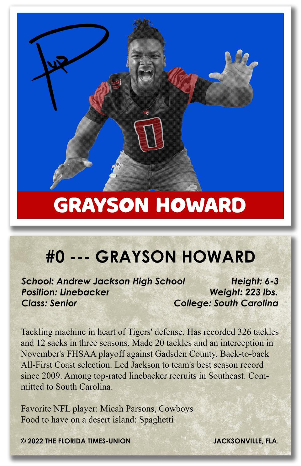 Jackson linebacker Grayson Howard is a selection on the Times-Union's annual Super 11 team for high school football in the 2023 recruiting class.