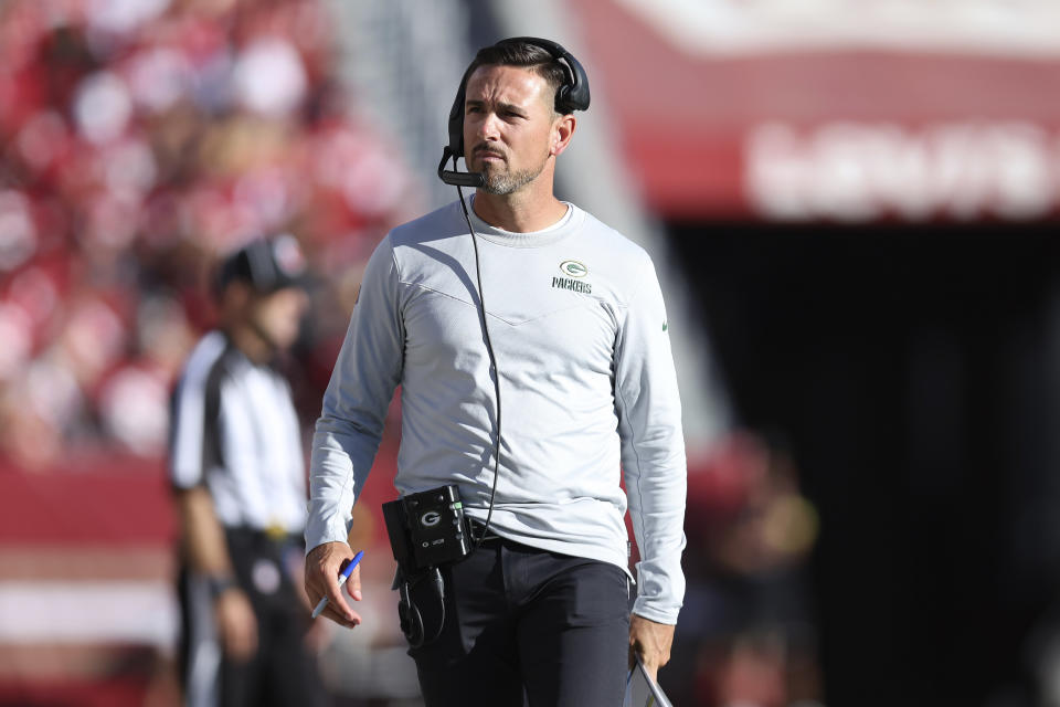 Green Bay Packers head coach Matt LaFleur walks on the sideline during the first half of his team's NFL preseason football game against the San Francisco 49ers in Santa Clara, Calif., Friday, Aug. 12, 2022. (AP Photo/Jed Jacobsohn)