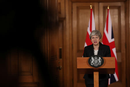 Britain's Prime Minister Theresa May makes a statement about Brexit in Downing Street in London, Britain March 20, 2019. Jonathan Brady/Pool via REUTERS