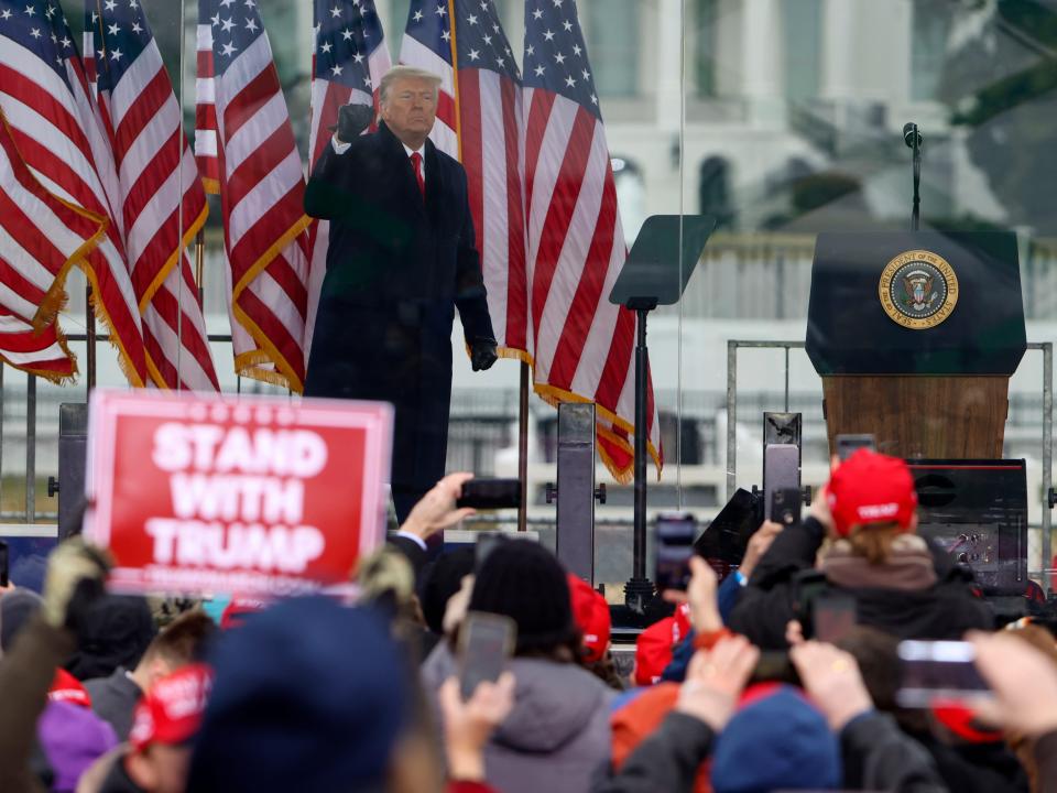 Then-US President Donald Trump greets the crowd at the "Stop The Steal" Rally on January 6, 2021 in Washington, DC.