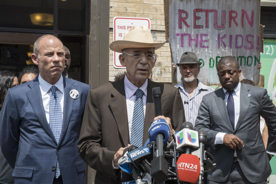 <span class="s1">Michael Avenatti and Ricardo de Anda speak to reporters in New York on July 11. Avenatti represents two Honduran girls shipped to New York after being separated from their parents at the Mexico border. (AP Photo/Mary Altaffer)</span>