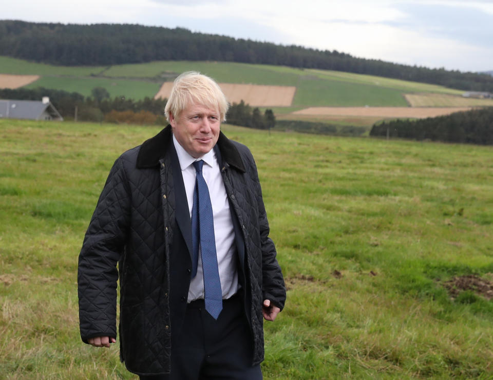 Prime Minister Boris Johnson during a visit to Darnford Farm in Banchory near Aberdeen to coincide with the publication of Lord Bew's review and an announcement of extra funding for Scottish farmers.