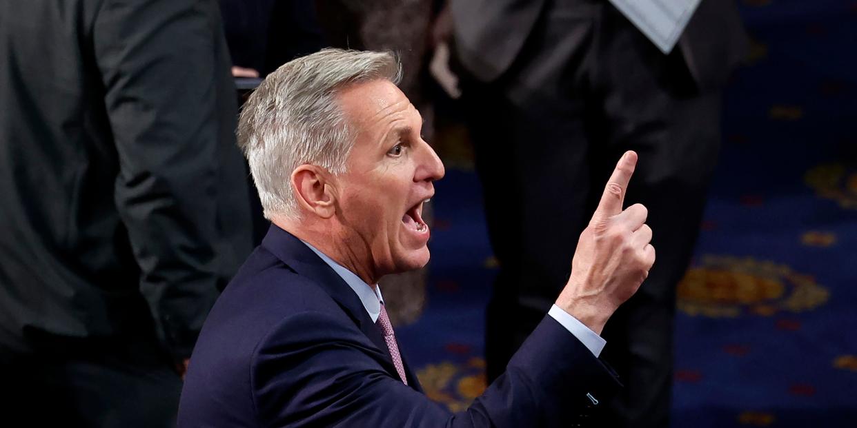 U.S. House Republican Leader Kevin McCarthy (R-CA) calls out in the House Chamber during the 14th vote for Speaker of the House at the U.S. Capitol Building on January 06, 2023 in Washington, DC.