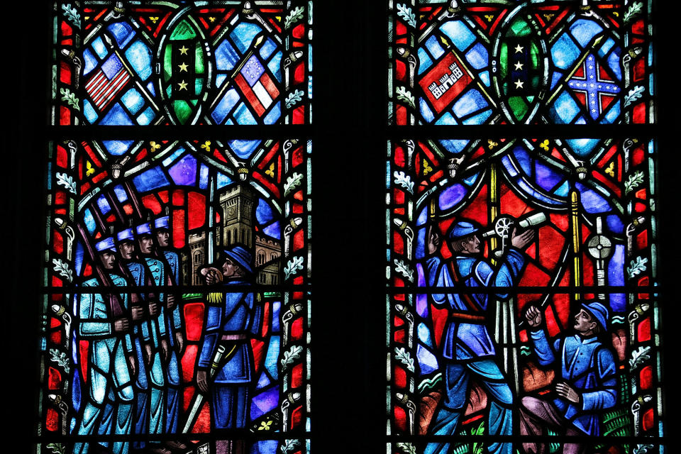 A stained-glass window honoring Robert E. Lee, commander of the Confederate Army of Northern Virginia in the American Civil War, installed at the Washington Cathedral is seen June 29, 2015 in Washington, DC.  / Credit: Alex Wong / Getty Images