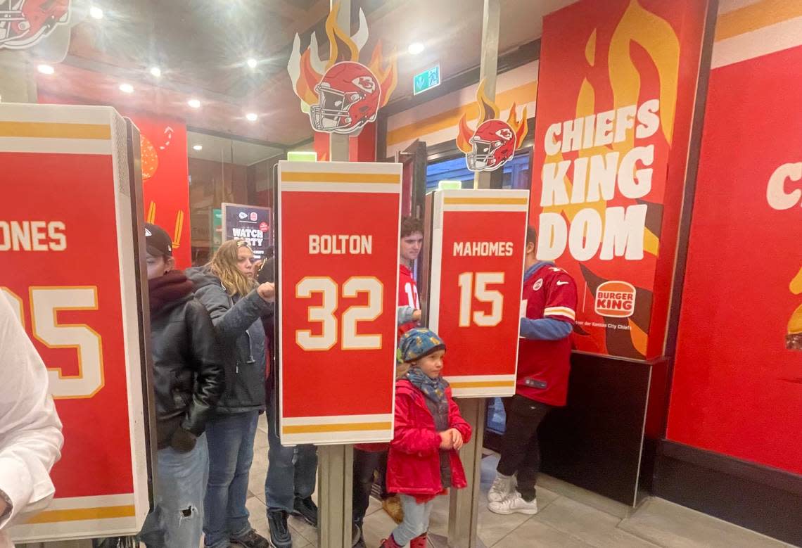 A Kansas City Chiefs-themed Burger King in Frankfurt, Germany, includes jersey name and numbers behind the ordering screens. Sam McDowell/The Kansas City Star