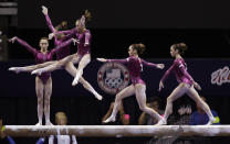 McKayla Maroney competes on the balance beam during the final round of the women's Olympic gymnastics trials, Sunday, July 1, 2012, in San Jose, Calif. Maroney was named to the U.S. Olympic gymnastics team. (AP Photo/Julie Jacobson)