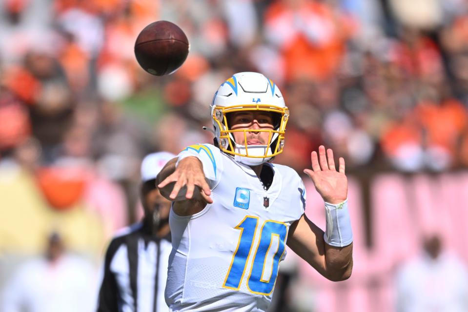 Chargers quarterback Justin Herbert passes against the Browns during the first half Oct. 9, 2022, in Cleveland.