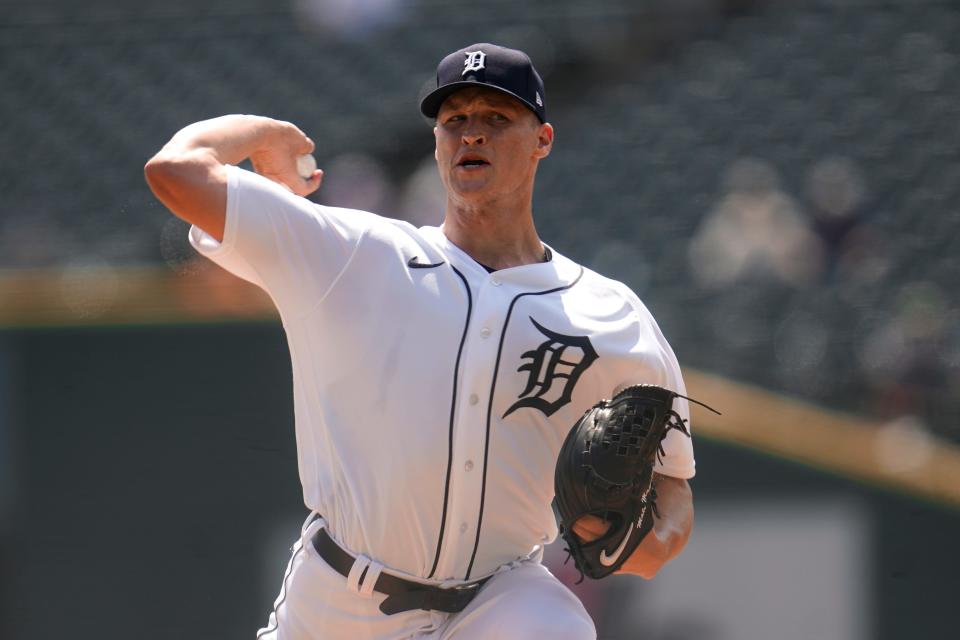 Tigers pitcher Matt Manning throws against the Giants in the first inning on Wednesday, Aug. 24, 2022, at Comerica Park.