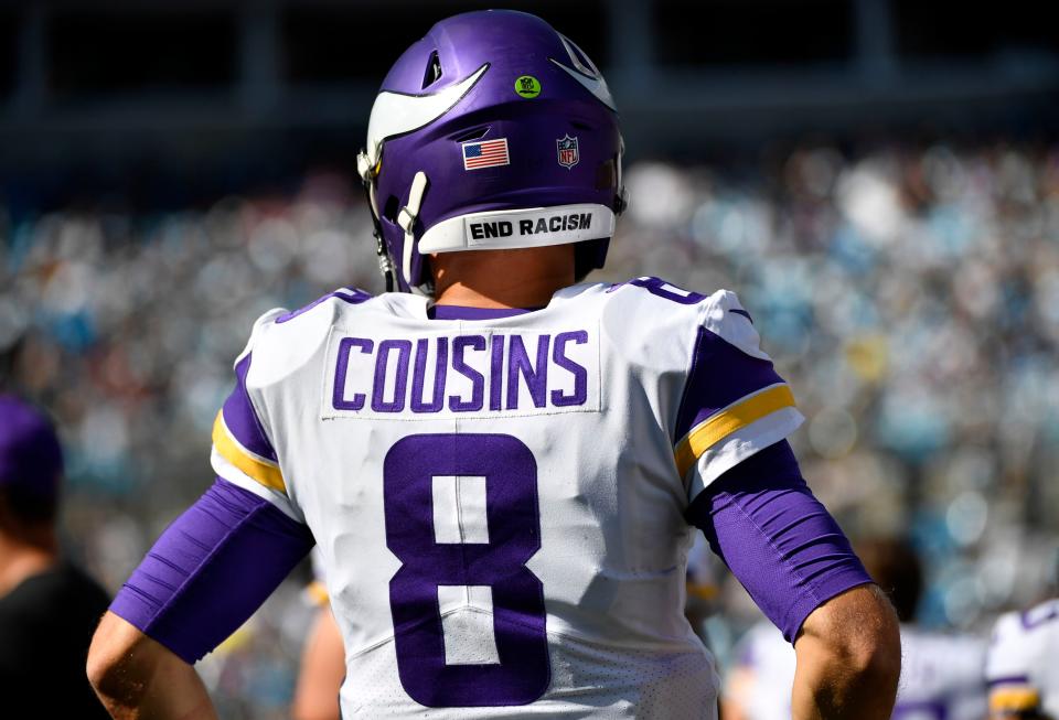 CHARLOTTE, NORTH CAROLINA - OCTOBER 17: The helmet of Kirk Cousins #8 of the Minnesota Vikings reads 