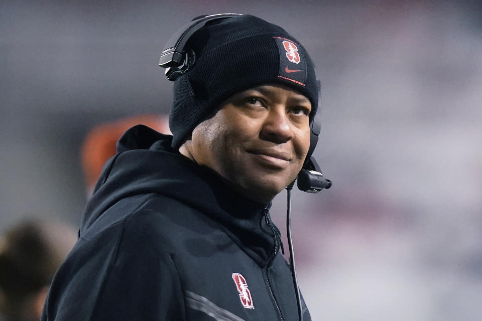 FILE - Stanford coach David Shaw looks on during the first half of an NCAA college football game against Utah, Nov. 12, 2022, in Salt Lake City. Former Stanford coach Shaw interviewed for Los Angeles Chargers coach Thursday, Jan. 18, 2024. (AP Photo/Rick Bowmer, File)