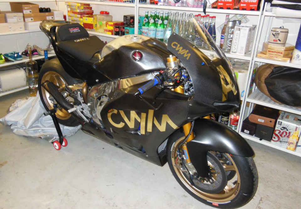 A motorbike branded with Constantinou&#x002019;s firm CWM (CPS)