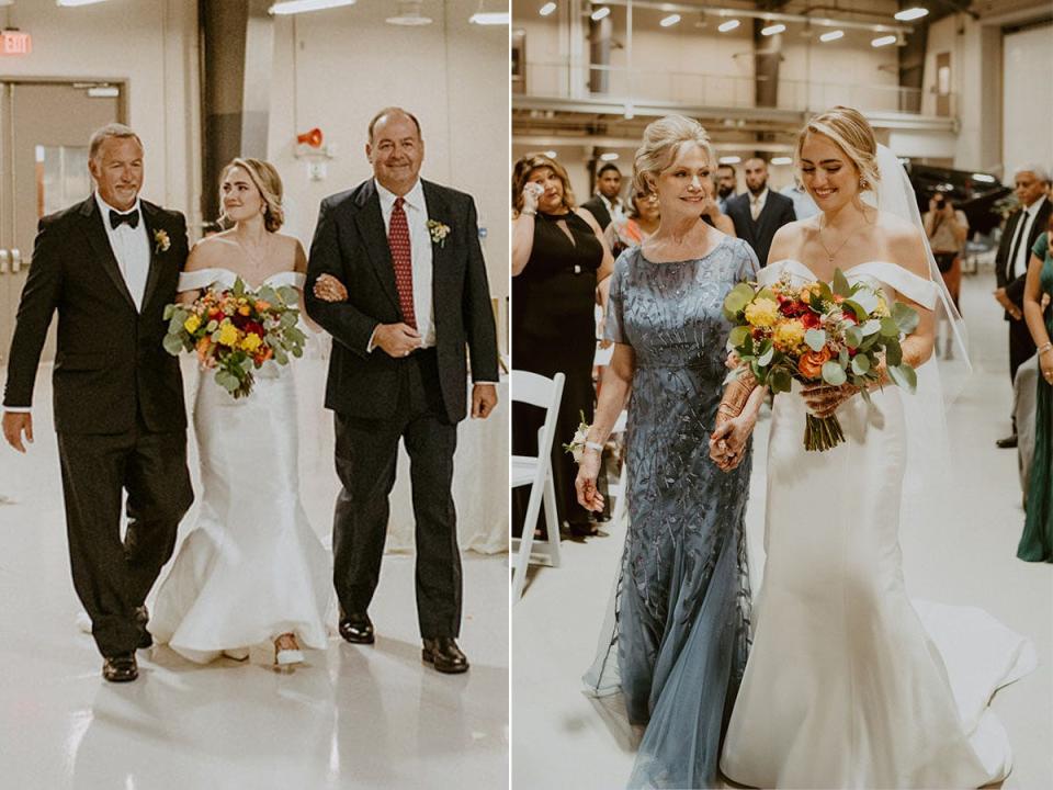 A side-by-side of a bride, her father, and her step-father and the same bride and her mother walking down the aisle.