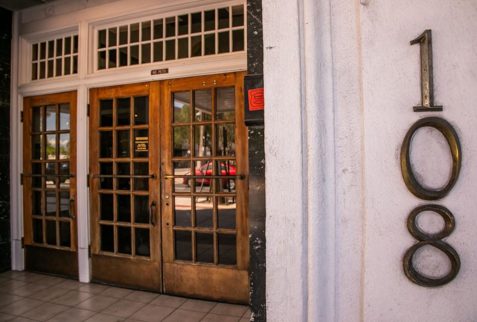 The entrance to the Marion Sovereign building, located at 108 north Magnolia Avenue, Tuesday afternoon, March 29, 2022. Ocala developers and philanthropists Lisa and David Midgett plan to restore the 7-story Marion Sovereign building in downtown Ocala back to a boutique hotel. The hotel was built in 1927 but has been used as office condos for the past few decades.[Doug Engle/Ocala Star Banner]2022