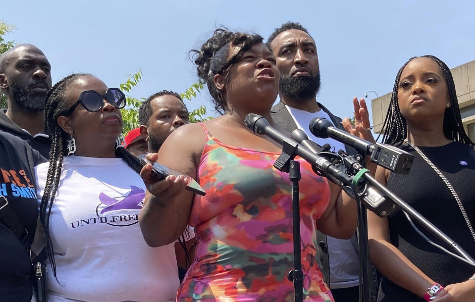 Breonna Taylor's mother, Tamika Palmer, speaks at a news conference in Louisville, Ky,. on Monday, June 5, 2023 to announce a voter campaign in the Kentucky governor's race. The campaign is aimed at defeating Kentucky Attorney General Daniel Cameron, the Republican nominee for governor. Taylor supporters have complained about Cameron's handling of the Taylor investigation in 2020. (AP Photo/Dylan Lovan)