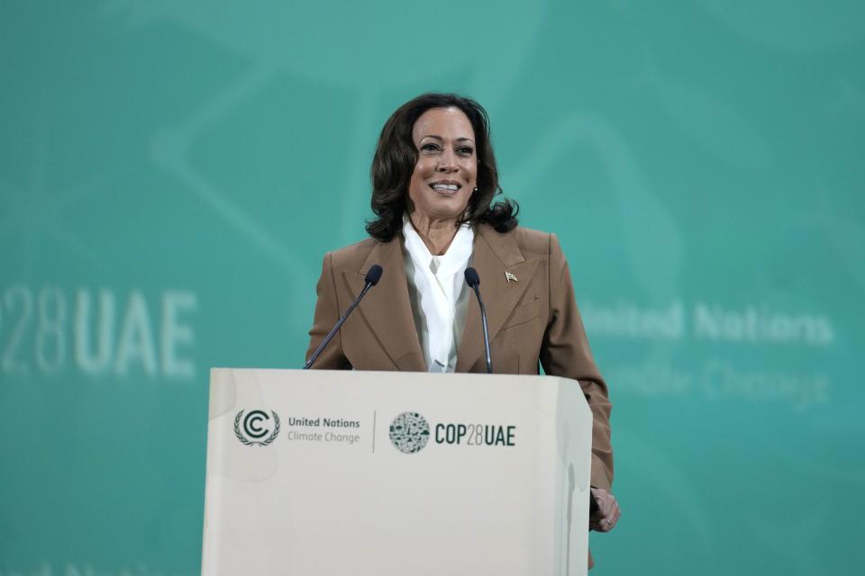 Vice President Kamala Harris speaks at the COP28 U.N. Climate Summit, Saturday, Dec. 2, 2023, in Dubai, United Arab Emirates. (AP Photo/Kamran Jebreili)