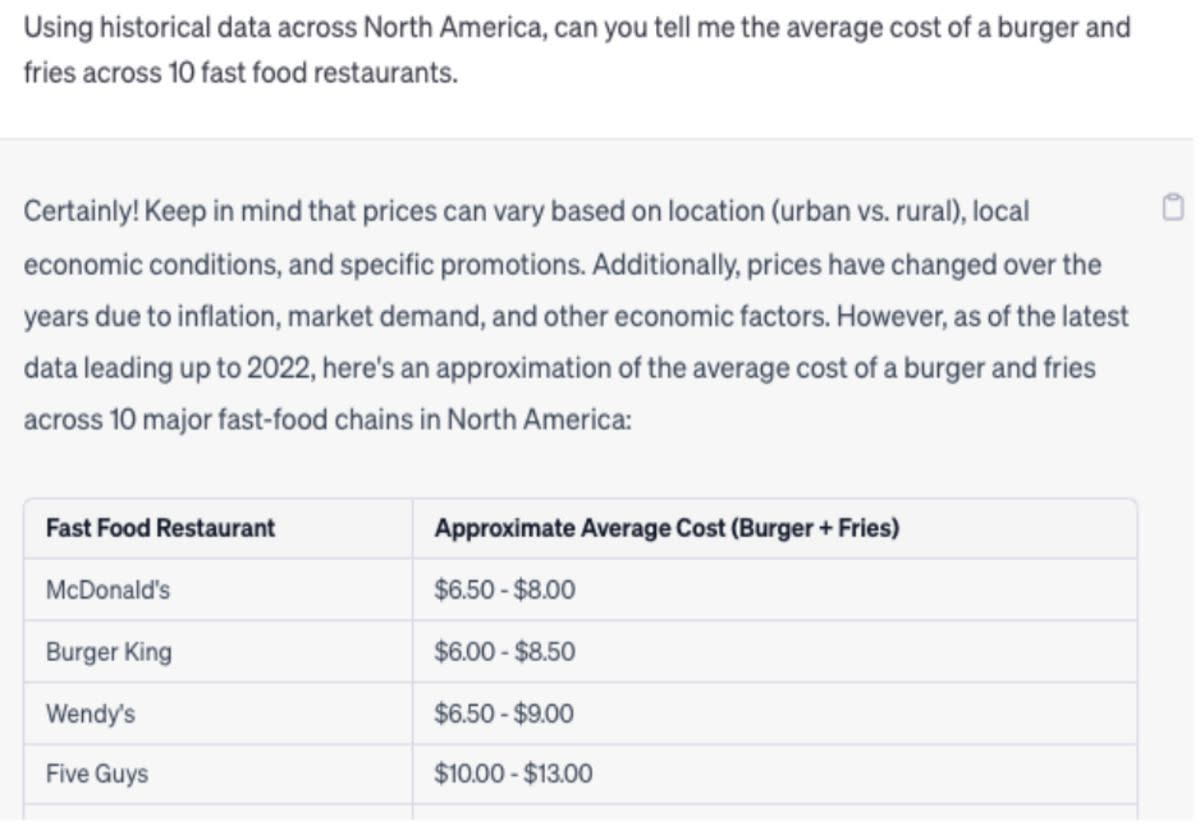 Screenshot of question asked to ChatGPT, 'Average cost of a burger and fries across 10 fast food restaurants in North America'