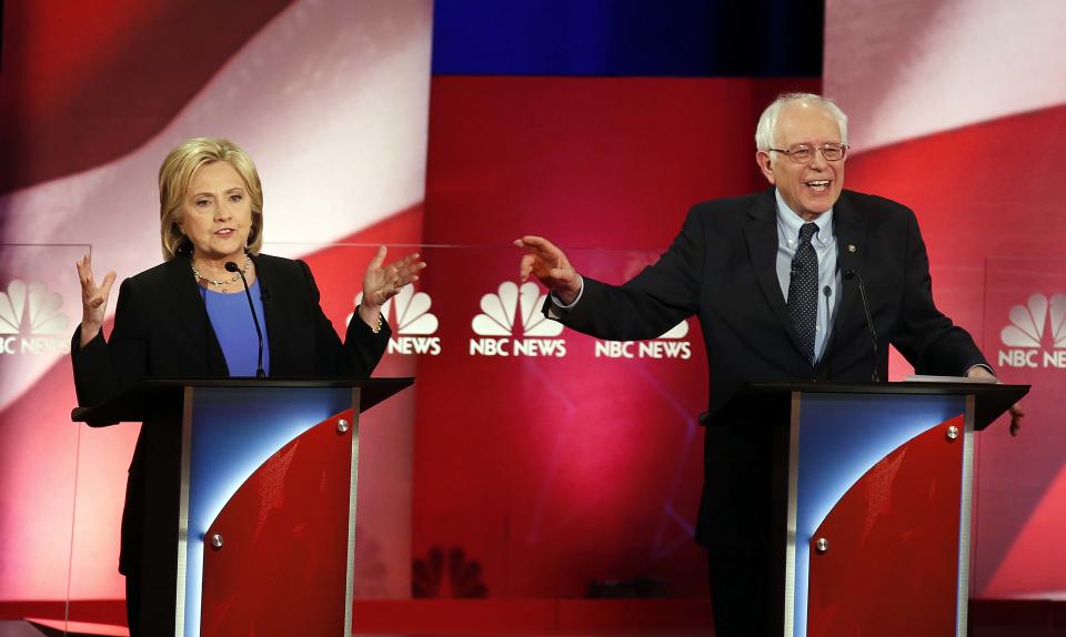 <span class="s1">Hillary Clinton and Bernie Sanders interrupt each other during a Democratic presidential debate in January 2016. (Photo: Mic Smith/AP)</span>