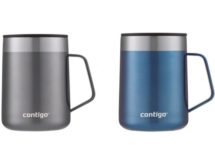 Contigo Stainless Steel Vacuum-Insulated Mug with Handle and Splash-Proof Lid, 14 oz, Sake & Blue Corn - Credit: Amazon.