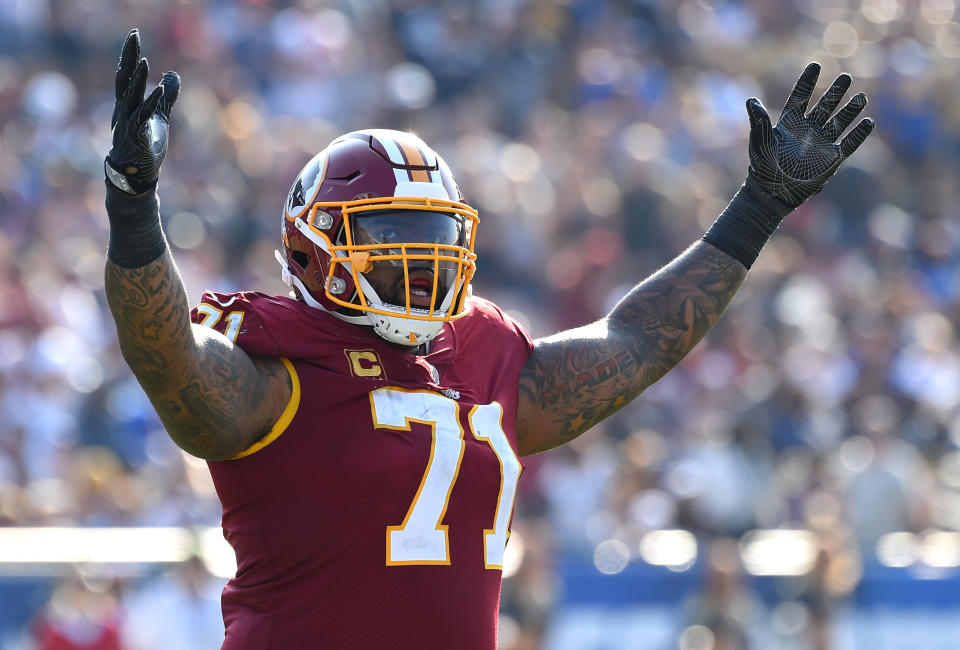 Sep 17, 2017; Los Angeles, CA, USA; Washington Redskins offensive tackle Trent Williams (71) after throwing what turned out to be the game winning touchdown in the game against the Los Angeles Rams at the Los Angeles Memorial Coliseum. Mandatory Credit: Jayne Kamin-Oncea-USA TODAY Sports