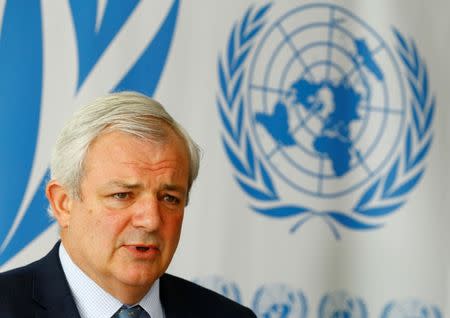 Stephen O'Brien, U.N. Under-Secretary-General for Humanitarian Affairs, attends a news conference at the United Nations in Geneva, Switzerland June 22, 2017. REUTERS/Denis Balibouse