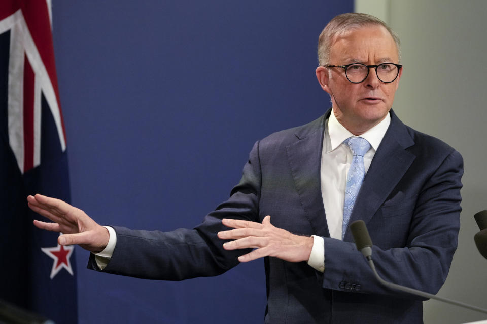 Australian Prime Minister Anthony Albanese gestures during a joint press conference with New Zealand Prime Minister Jacinda Ardern, in Sydney, Australia, Friday, June 10, 2022. Ardern is on a two-day visit to Australia. (AP Photo/Mark Baker)