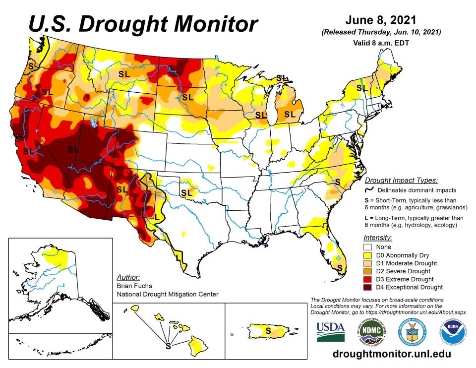 Map of droughts in US from June 2021