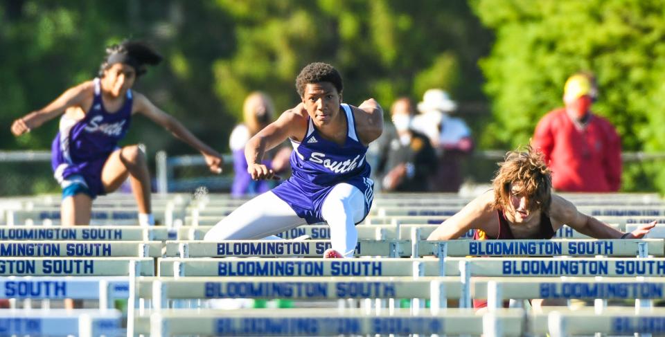 Bloomington South’s D’Andre Black, left, and North’s Broc Murphy figure to battle it out for the top spot in the 110 and 300 hurdles at today’s North Sectional.