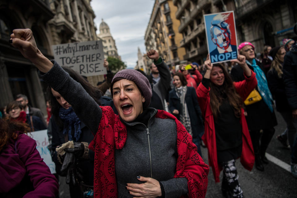 Demonstrators make their way during the Women's March on January 21, 2017 in Barcelona, Spain. The Women's March originated in Washington DC but soon spread to be a global march calling on all concerned citizens to stand up for equality, diversity and inclusion and for women's rights to be recognized around the world as human rights.&nbsp;