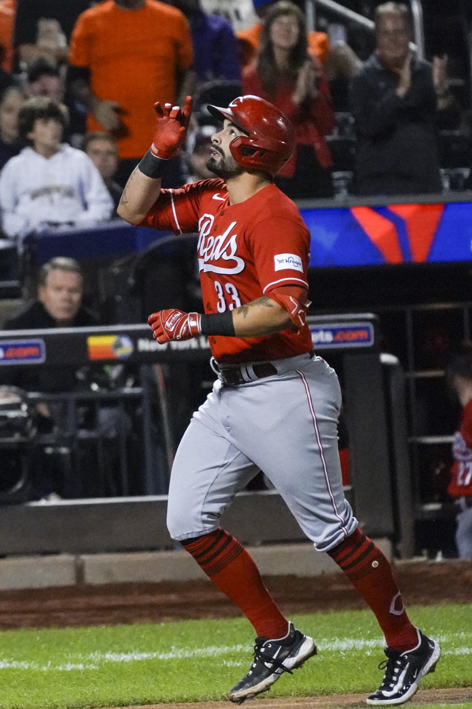 Cincinnati Reds' Christian Encarnacion-Strand celebrates his home run in the fourth inning of a baseball game against the New York Mets, Saturday, Sept. 16, 2023, in New York. (AP Photo/Bebeto Matthews)