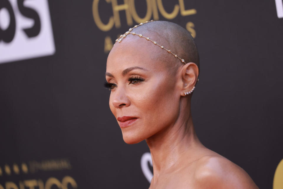 Close-up of Jada  with a thin bejeweled headband