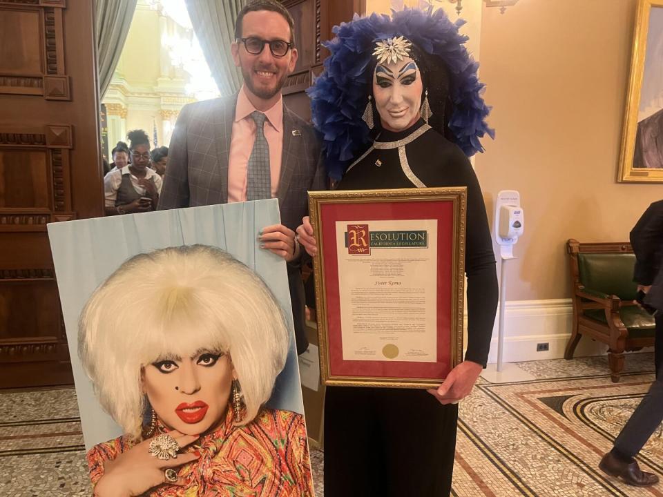 State Sen. Scott Wiener (D-San Francisco) with Sister Roma in the state Capitol.