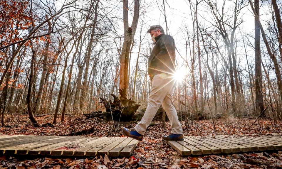 Cliff Chapman, executive director of the Central Indiana Land Trust, shows off footbridges built for visitors to the wetlands at Meltzer Woods on Friday, Jan. 22, 2021, in the Shelbyville, Ind. nature preserve. (Photo: Michelle Pemberton/IndyStar)