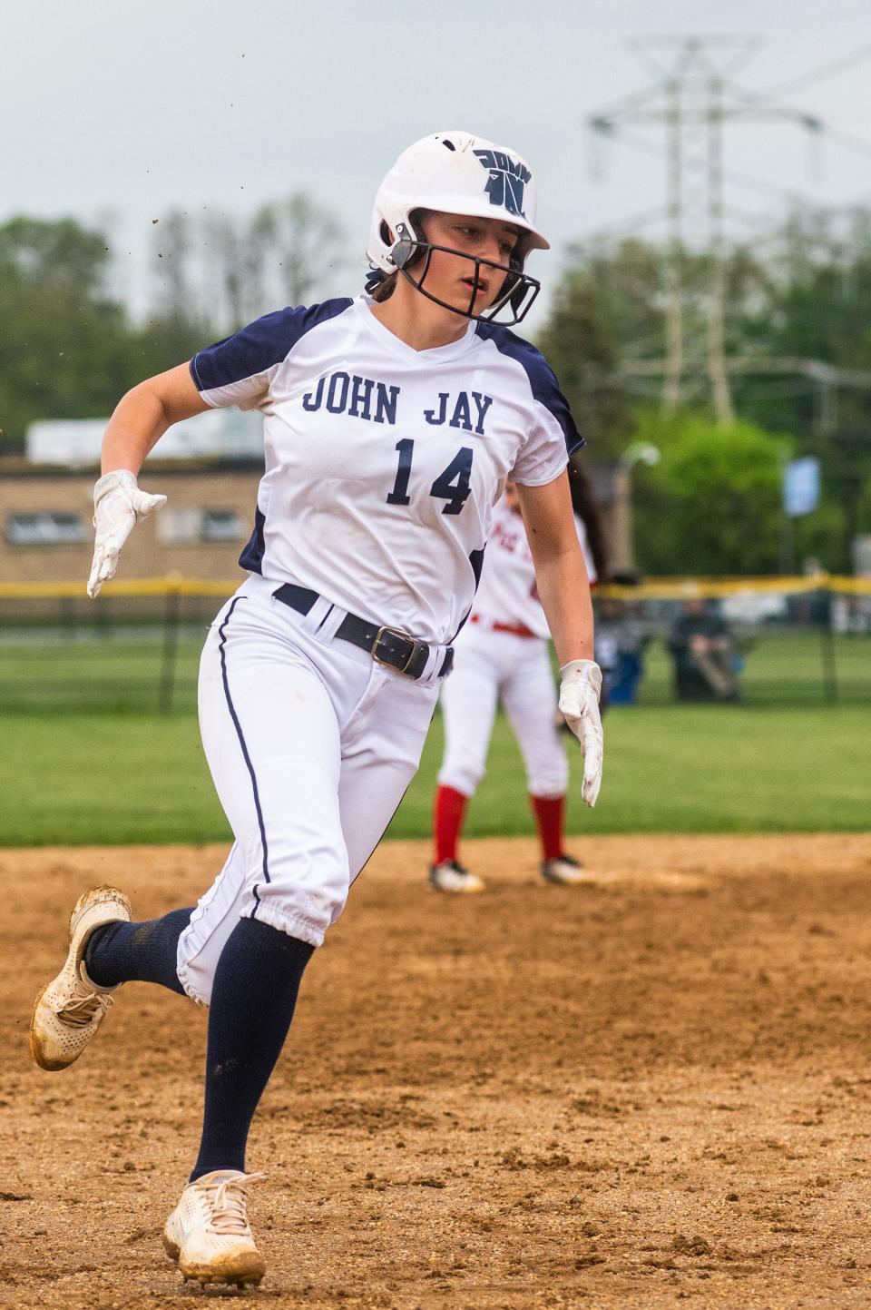 John Jay's Hannah Greer runs to third base during the Section 1 softball game at John Jay High School in Hopewell Junction, NY on Thursday, May 19, 2022. John Jay defeated Fox Lane. KELLY MARSH/FOR THE POUGHKEEPSIE JOURNAL 