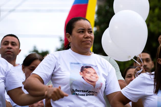 Cilenis Marulanda, mother of Colombian soccer player Luis Diaz, joins a march to demand the release of her husband and the father of the Liverpool striker, in Barrancas, La Guajira department, Colombia, on Oct. 31.