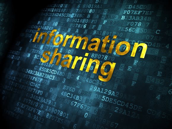 The words information sharing overlaid atop a digital code.