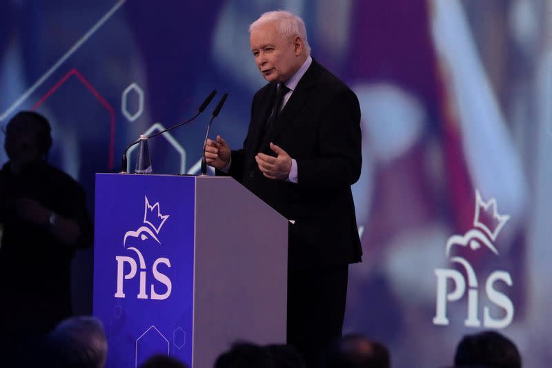 FILE PHOTO: Kaczynski, Law and Justice (PIS) leader, speaks during Law and Justice party convention in Warsaw